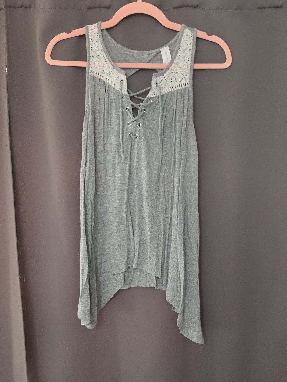 No Boundaries Light Gray Lace-Trim Lace-Up Tank Top